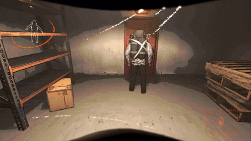a video game shows a man standing in a room with a silhouette of a man on the wall
