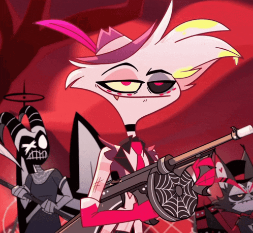 a cartoon character holding a gun with a spider web design on it