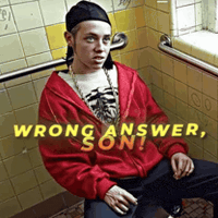 a man in a red jacket is sitting in a bathroom with the words wrong answer son on the bottom