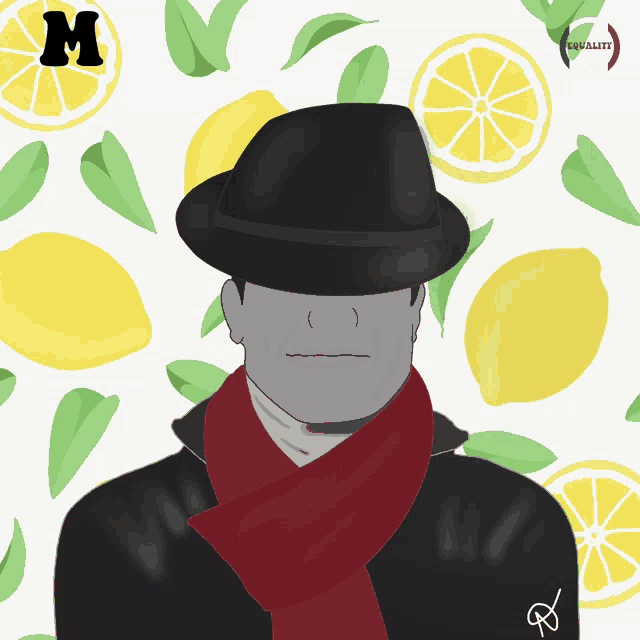 a drawing of a man wearing a hat and scarf with lemons in the background and the letter m above him