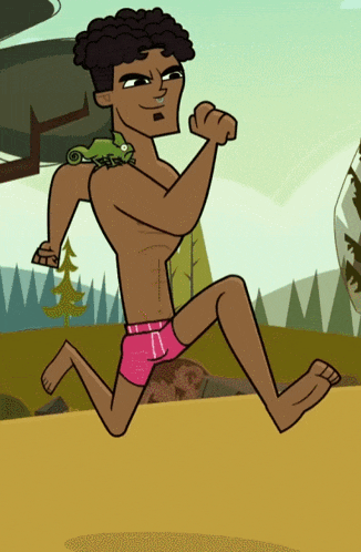 a cartoon of a man running with a chameleon on his back