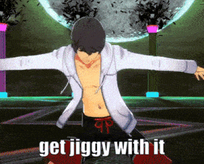 a man in a white jacket is dancing with the words get jiggy with it below him