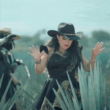 a woman in a black dress and cowboy hat stands in a field of agave
