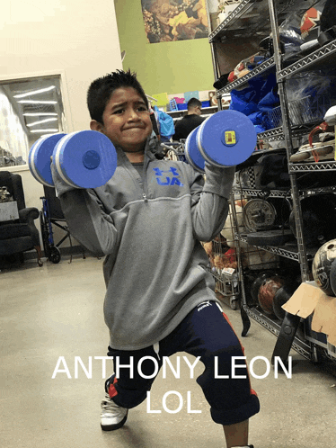 a young boy lifting dumbbells with the name anthony leon written on the bottom
