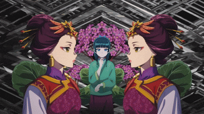 a cartoon drawing of two geishas with flowers in the background