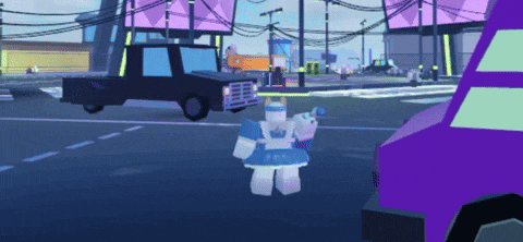 a cartoon character is walking down a street in front of a purple truck