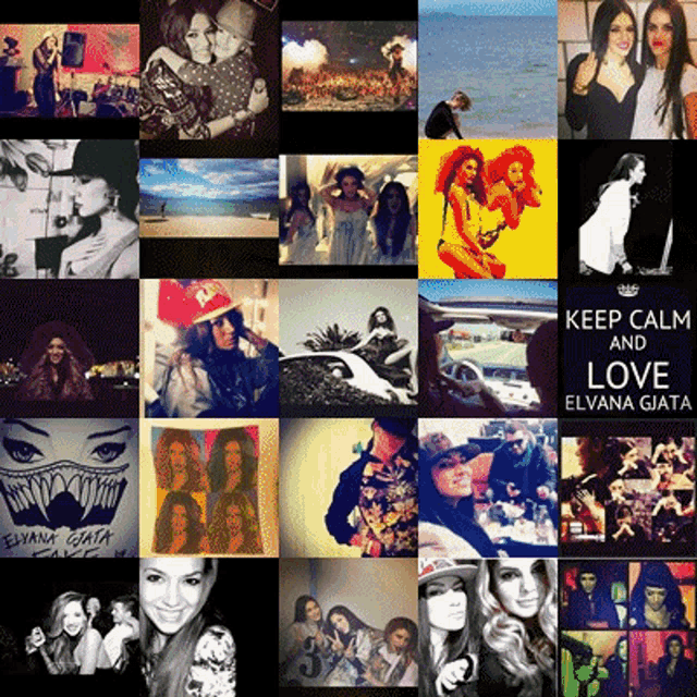 a collage of photos with a sign that says keep calm and love elvana giata