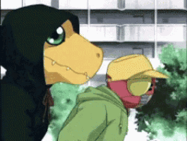 two cartoon characters are standing next to each other one is wearing a hoodie and the other is wearing a hat