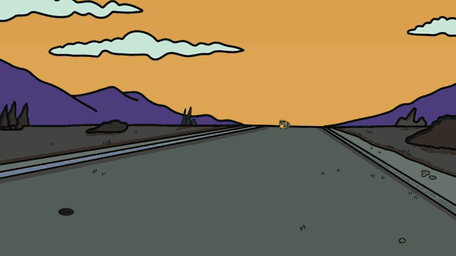 a cartoon drawing of a road with mountains in the background at sunset