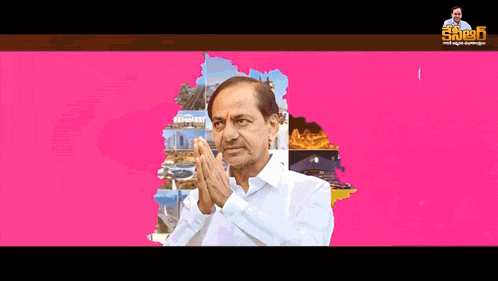 a man in a white shirt with his hands folded on a pink background .
