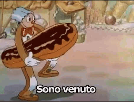 a cartoon character is carrying a large donut with the words sono venuto written below him .