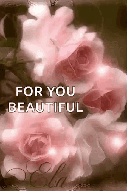 a bunch of pink roses with the words `` for you beautiful '' written above them .