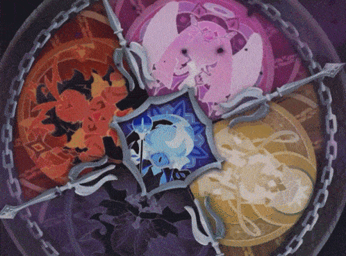 a drawing of a circle with four different colored circles and chains around it