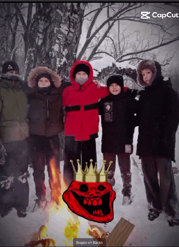 a group of kids are posing for a picture with a troll face in the background