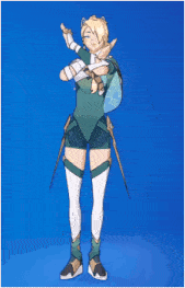 a drawing of a girl in a green and white outfit with a blue background