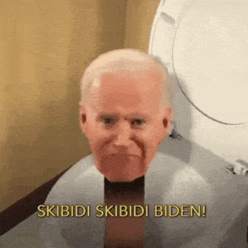 a man 's head is sticking out of a toilet and says skibidi skibidi biden !