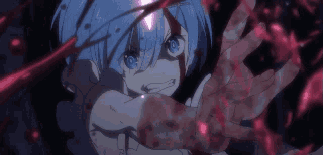 a blue haired anime character with blood on her hands