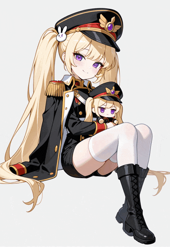 a girl in a military uniform is holding a stuffed animal in her lap