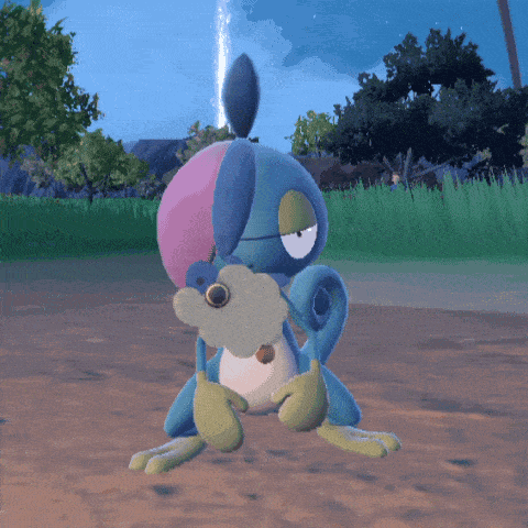 a cartoon character with a pink and blue head is standing in the dirt with a lightning bolt in the background
