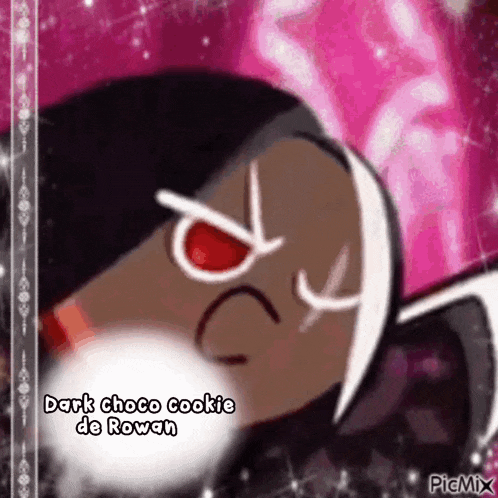a dark choco cookie from cookie run is sleeping on a pink background with a red eye .