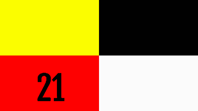 a red yellow black and white square with the number 21