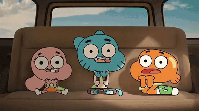 gumball darwin and pinkie pie are sitting in the back seat of a car