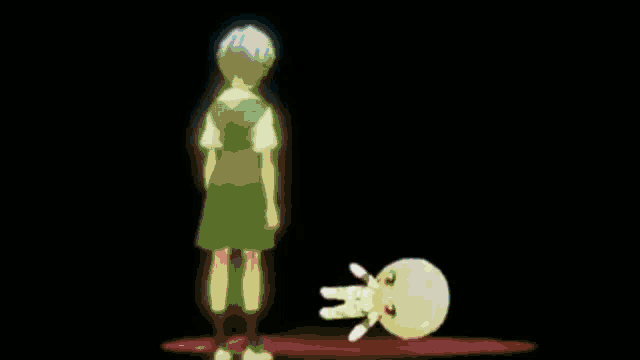 a little girl is standing next to a robot .