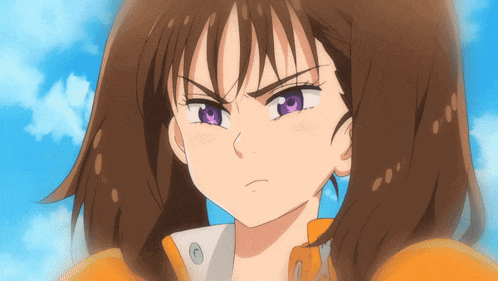 a girl with brown hair and purple eyes is looking at the camera