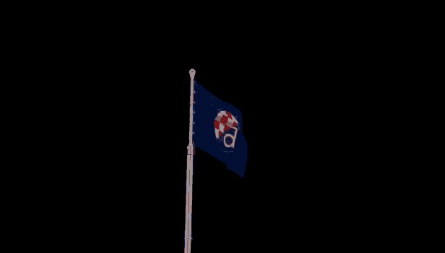 a blue flag with a red white and blue circle with the letter o on it