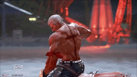 a video game screen shows a man with blood on his chest