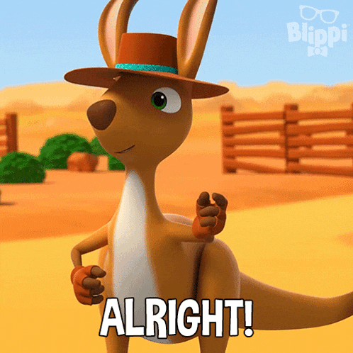 a kangaroo wearing a hat says alright
