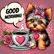a yorkshire terrier puppy is sitting next to a cup of coffee and a saucer .