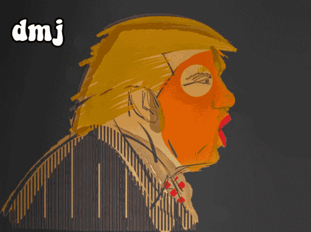a drawing of donald trump with a long nose and the words dmj below it