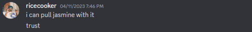 a screenshot of a discord conversation between ricecooker and i can pull jasmine with it