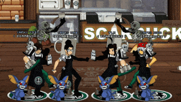 a group of cartoon characters standing in front of a starbucks sign