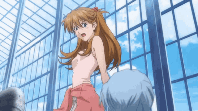 a girl in a pink tank top stands next to a boy in a gray shirt