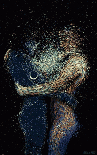 a painting of a man and woman hugging with a crescent moon