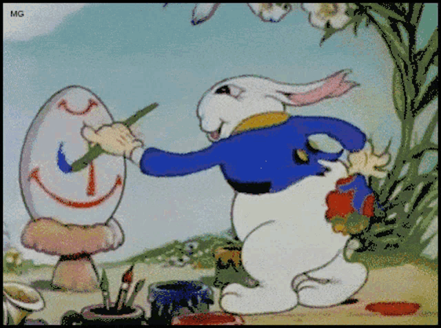 a cartoon of a rabbit painting an egg with a face on it