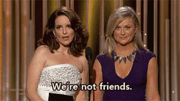 two women are standing next to each other in front of a microphone and one of them says we 're not friends .