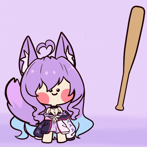 a drawing of a girl with purple hair holding a baseball bat