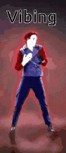 a man in a blue jacket and red hat is dancing with the word vibing in the background