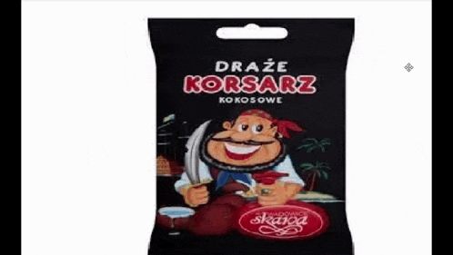 a bag of candy with a pirate holding a sword on it .