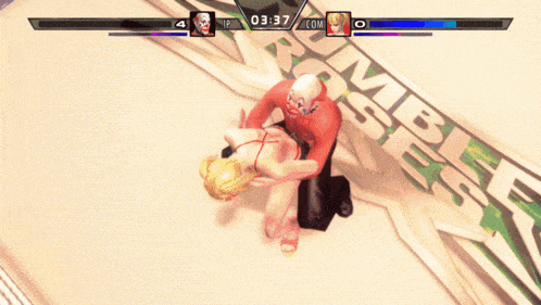 a video game screen shows a man and a woman in a wrestling match with the time of 3:37