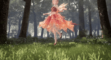 a girl in an orange dress is dancing in the grass
