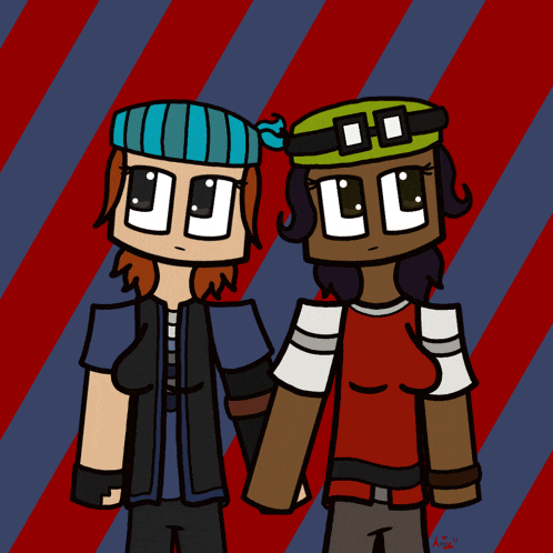 a couple of cartoon characters holding hands with a red and blue background