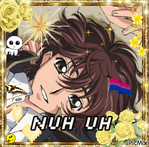 a picture of a boy with the words " nuh uh " on the bottom