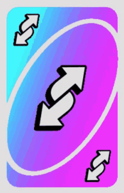 a purple and blue playing card with two arrows pointing in opposite directions