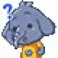 a pixel art of an elephant with a question mark hanging from its trunk .
