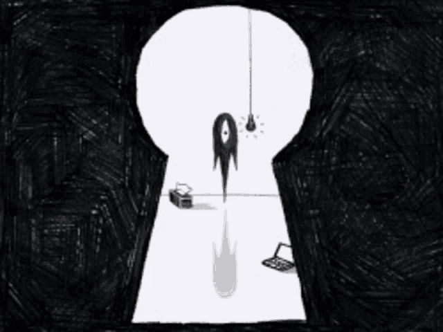a black and white drawing of a keyhole with a spider hanging from the top