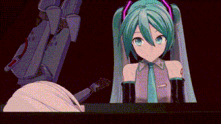 hatsune miku is sitting at a table with a robot in the background